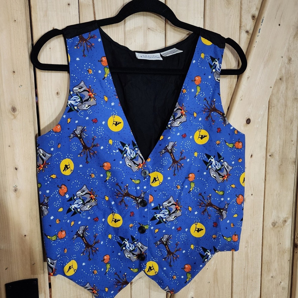 VTG Basic Editions Halloween vest Witch Pumpkin Blue Button Front Womens Medium